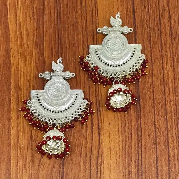 Massive Dangle Earrings, Oxidized Silver Indian Earrings, Handmade Silver Tone - Picture 2 of 6